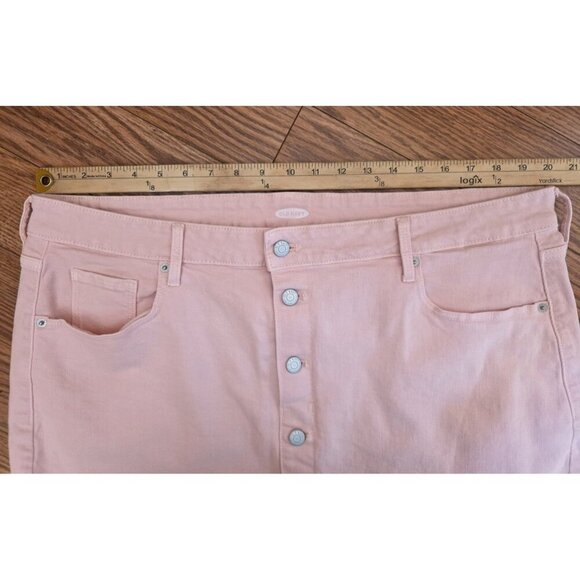 Old Navy Denim Skirt Womens Sz 18 Button Front‎ Pink Raw Hem W/ Pockets Mini EUC - Picture 2 of 7